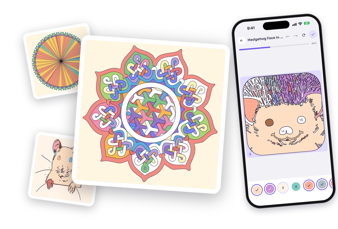 A colored mandala, two smaller colored pages and the Coloruna app on a phone